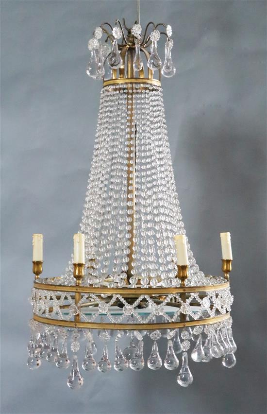 A French gilt metal and glass bag chandelier, drop 3ft Diam.1ft 9in.